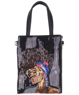 African-American Women Design Reversible Sequin Mini Tote Bag S039HGPP BLACK